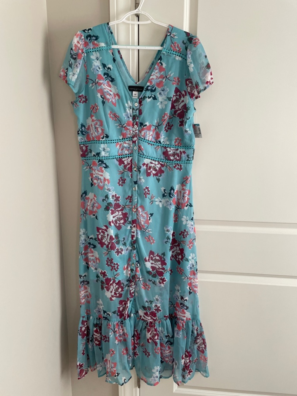 Simply Styled Aqua Floral Button-Down Midi Dress with Pink Accents